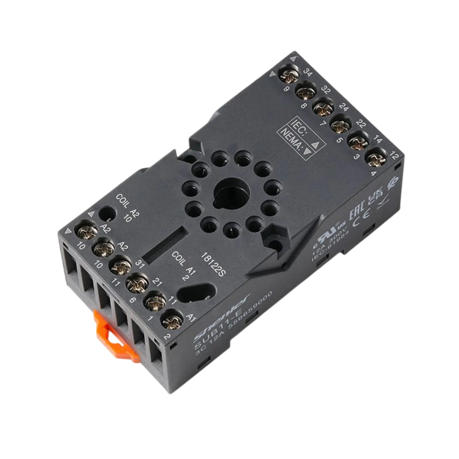 Relay base, 11-pin, DIN rail