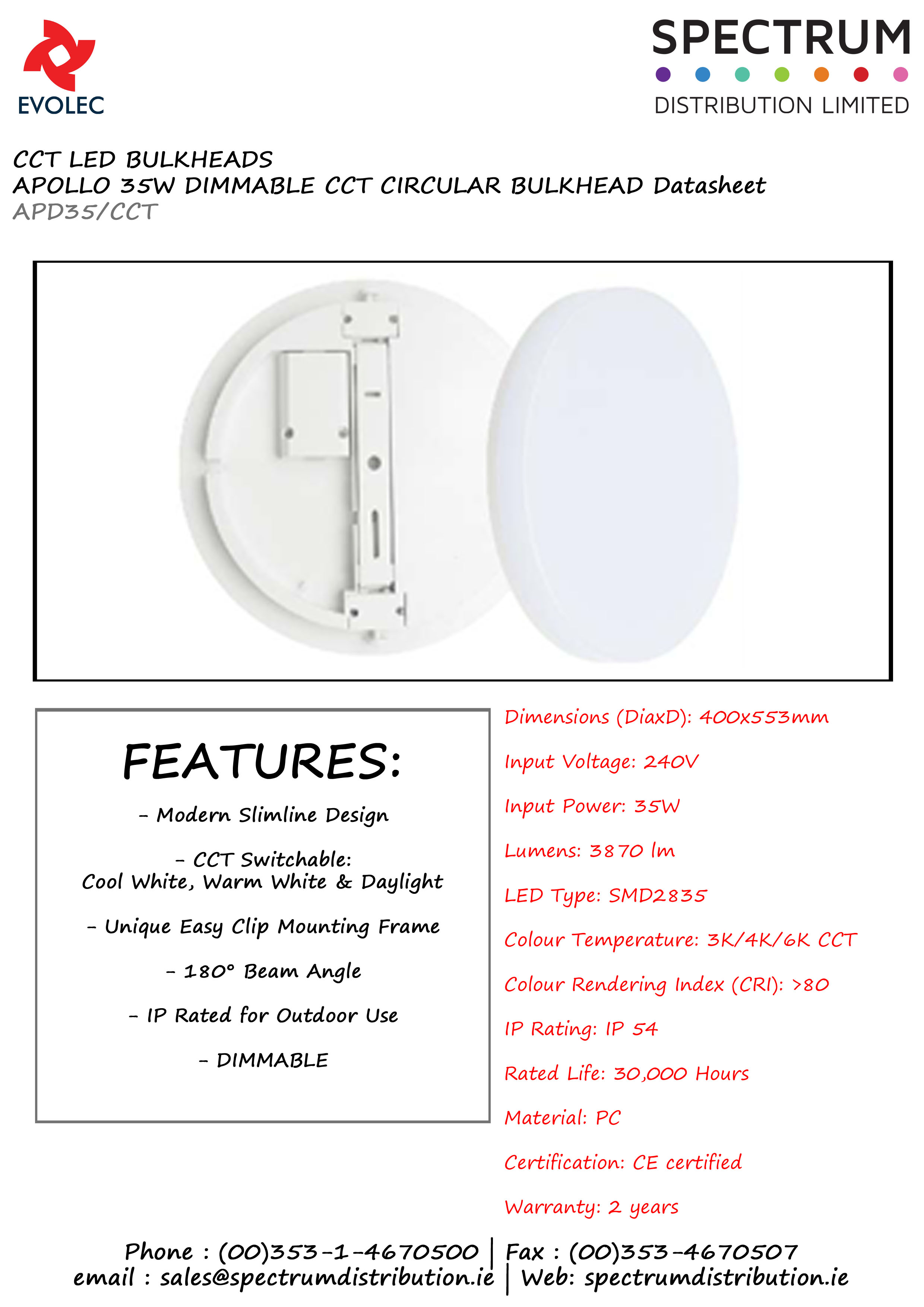 Evolec APD35/CCT 35 W round LED bulkhead, IP54