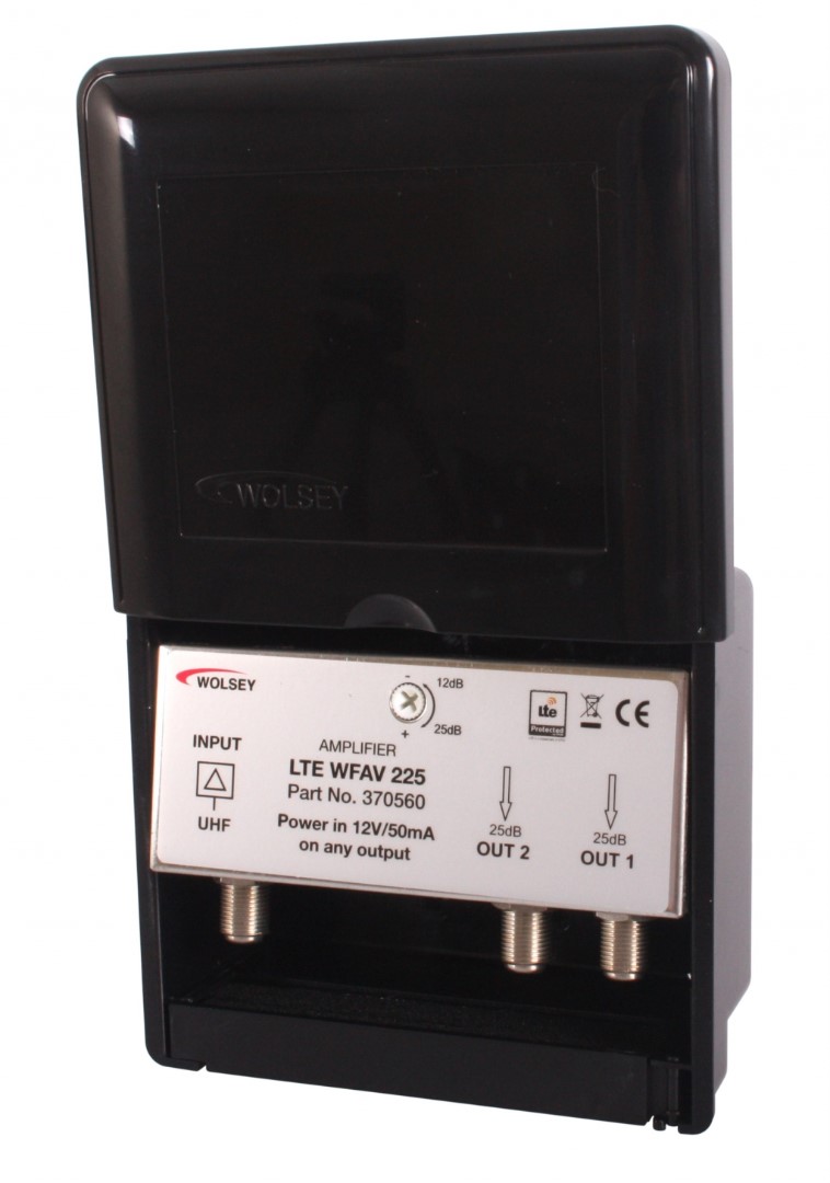LTE Wolsley masthead amplifier and power supply, 1 input/2 outputs, 10–25 dB, 470–790 MHz
