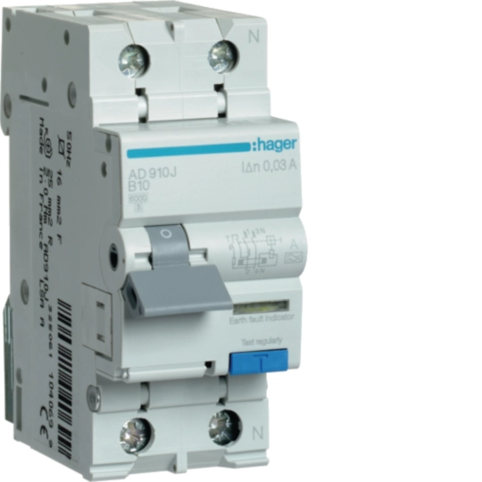 Hager 10 A 1P+N Type A RCBO, B curve, 30 mA, 6 kA, 2-module