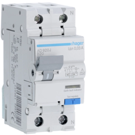 Hager 20 A 1P+N Type A RCBO, B curve, 30 mA, 6 kA, 2-module
