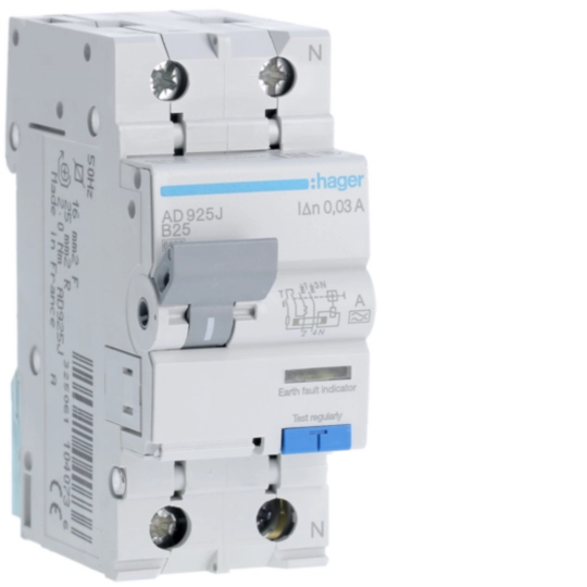 Hager 25 A 1P+N Type A RCBO, B curve, 30 mA, 6 kA, 2-module