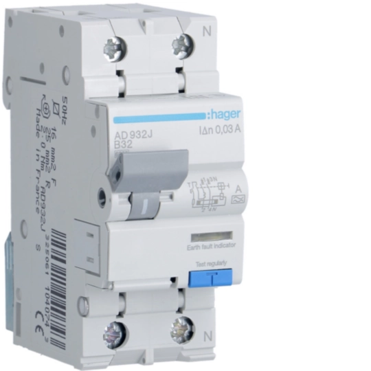 Hager 32 A 1P+N Type A RCBO, B curve, 30 mA, 6 kA, 2-module