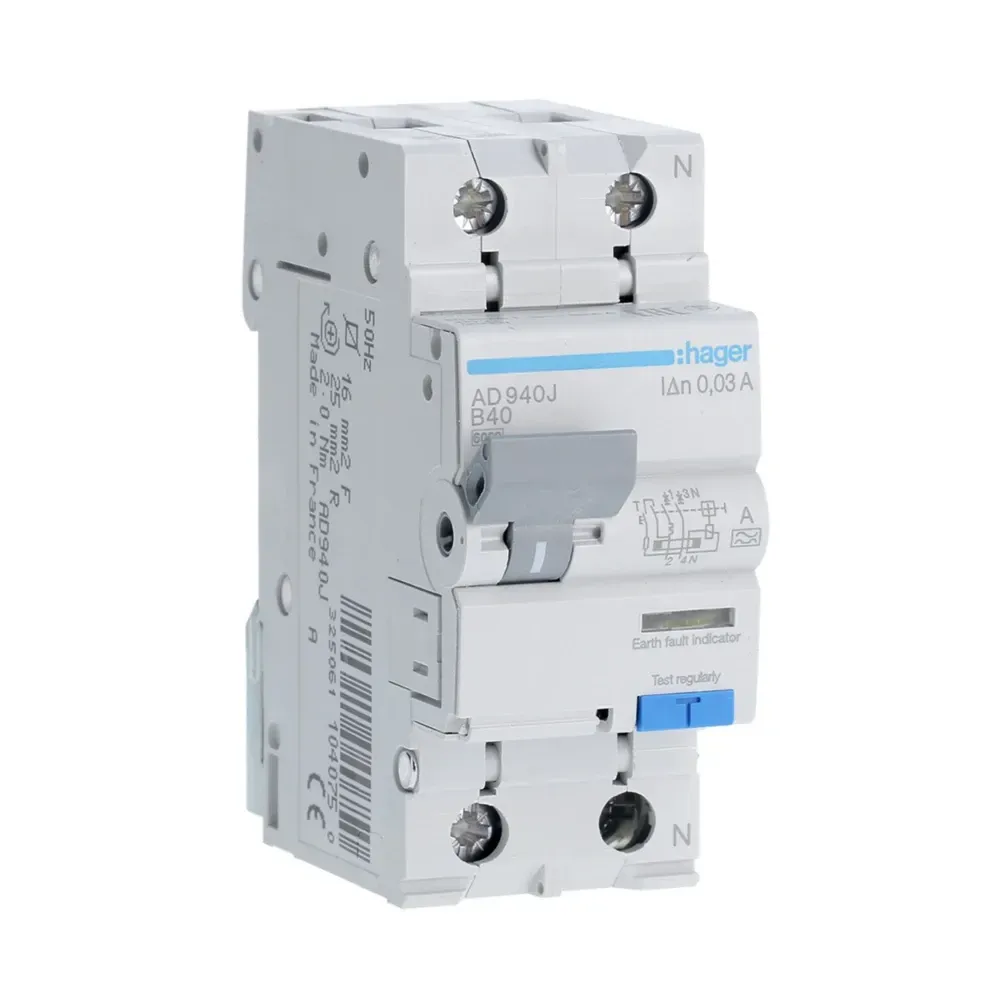 Hager 40 A 1P+N Type A RCBO, B curve, 30 mA, 6 kA, 2-module