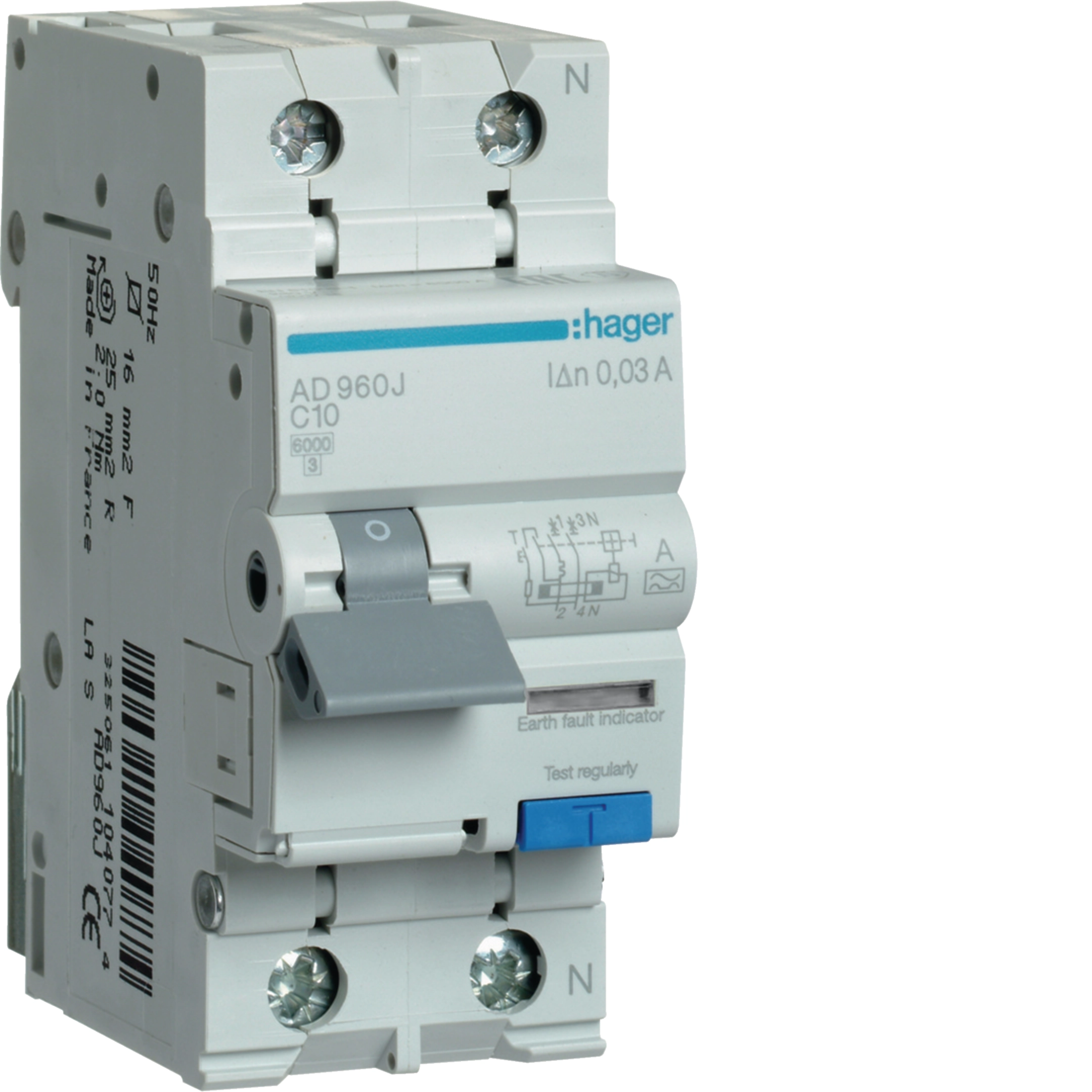 Hager 10 A 1P+N Type A RCBO, C curve, 30 mA, 6 kA, 2-module