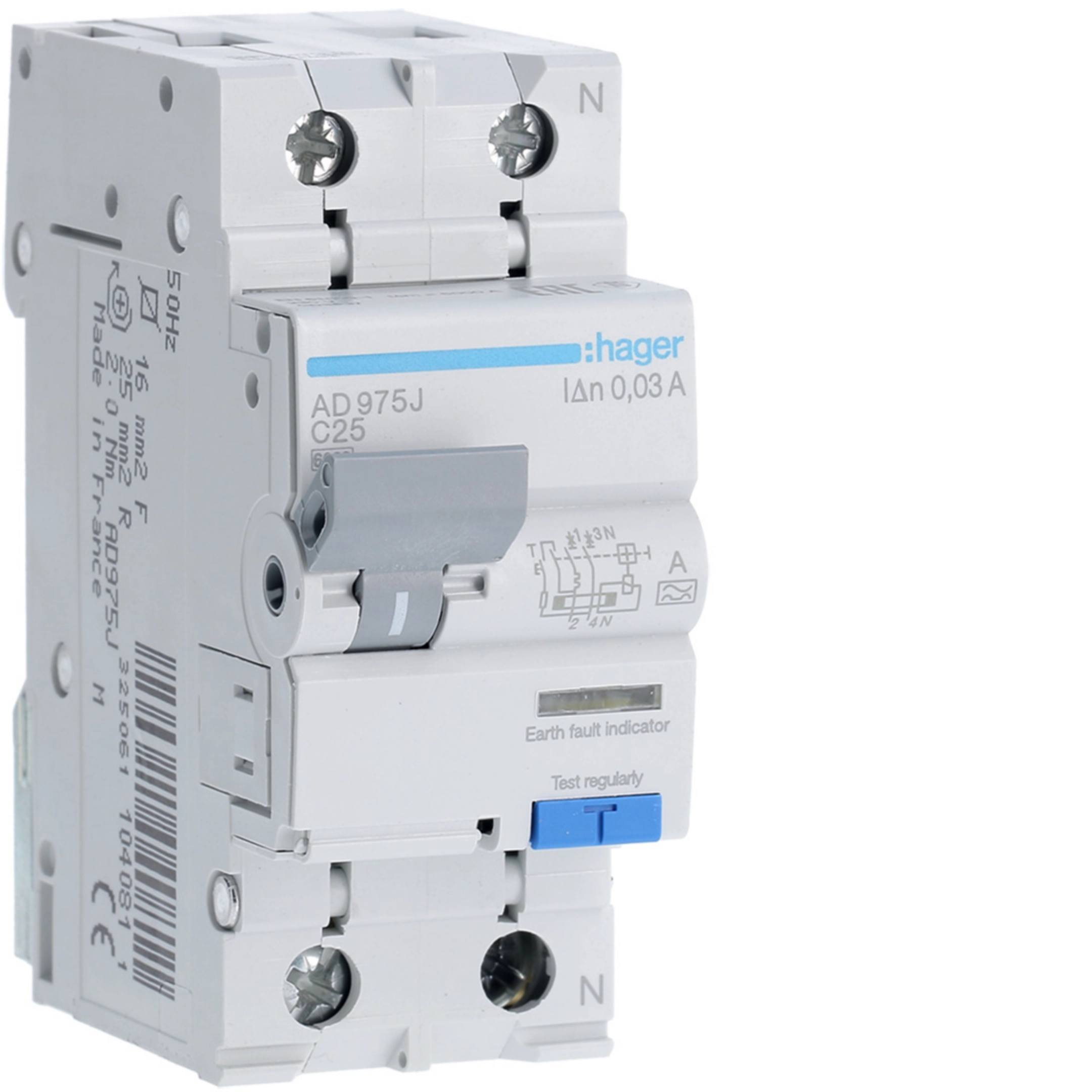 Hager 25 A 1P+N Type A RCBO, C curve, 30 mA, 6 kA, 2-module