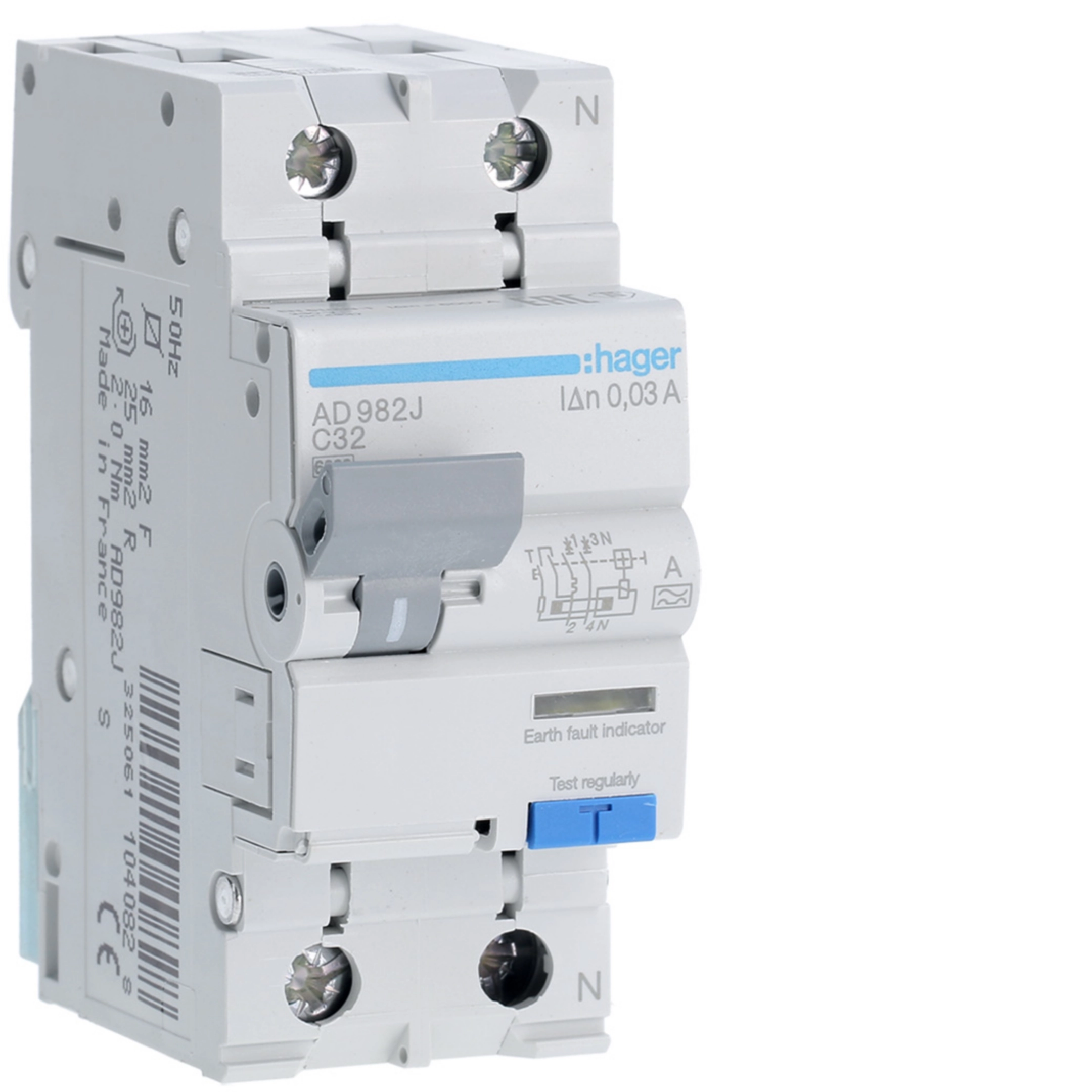Hager 32 A 1P+N Type A RCBO, C curve, 30 mA, 6 kA, 2-module