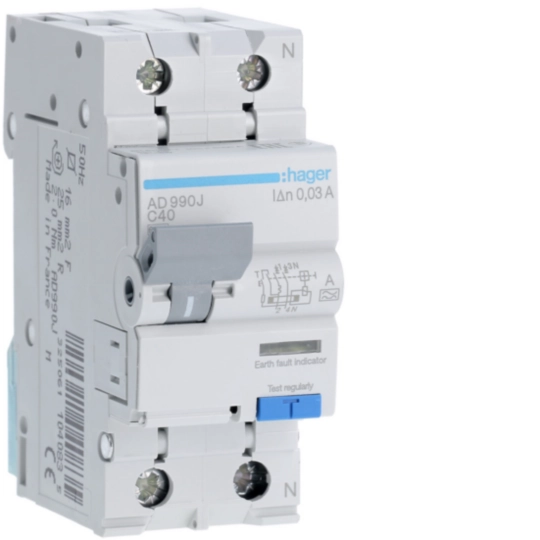 Hager 40 A 1P+N Type A RCBO, C curve, 30 mA, 6 kA, 2-module