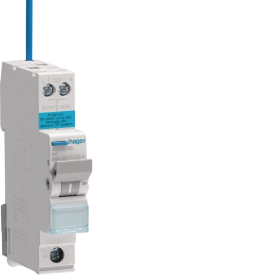 Hager ADA307G 6 A single-pole RCBO, B curve, 30 mA, 6 kA, 1-module
