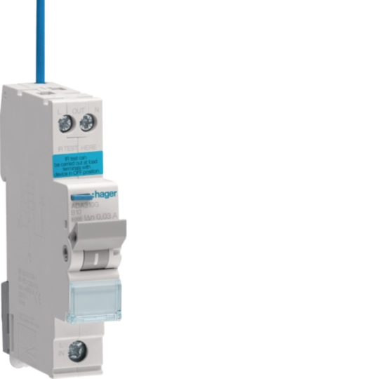 Hager 10 A single-pole RCBO, B curve, 30 mA, 6 kA, 1-module