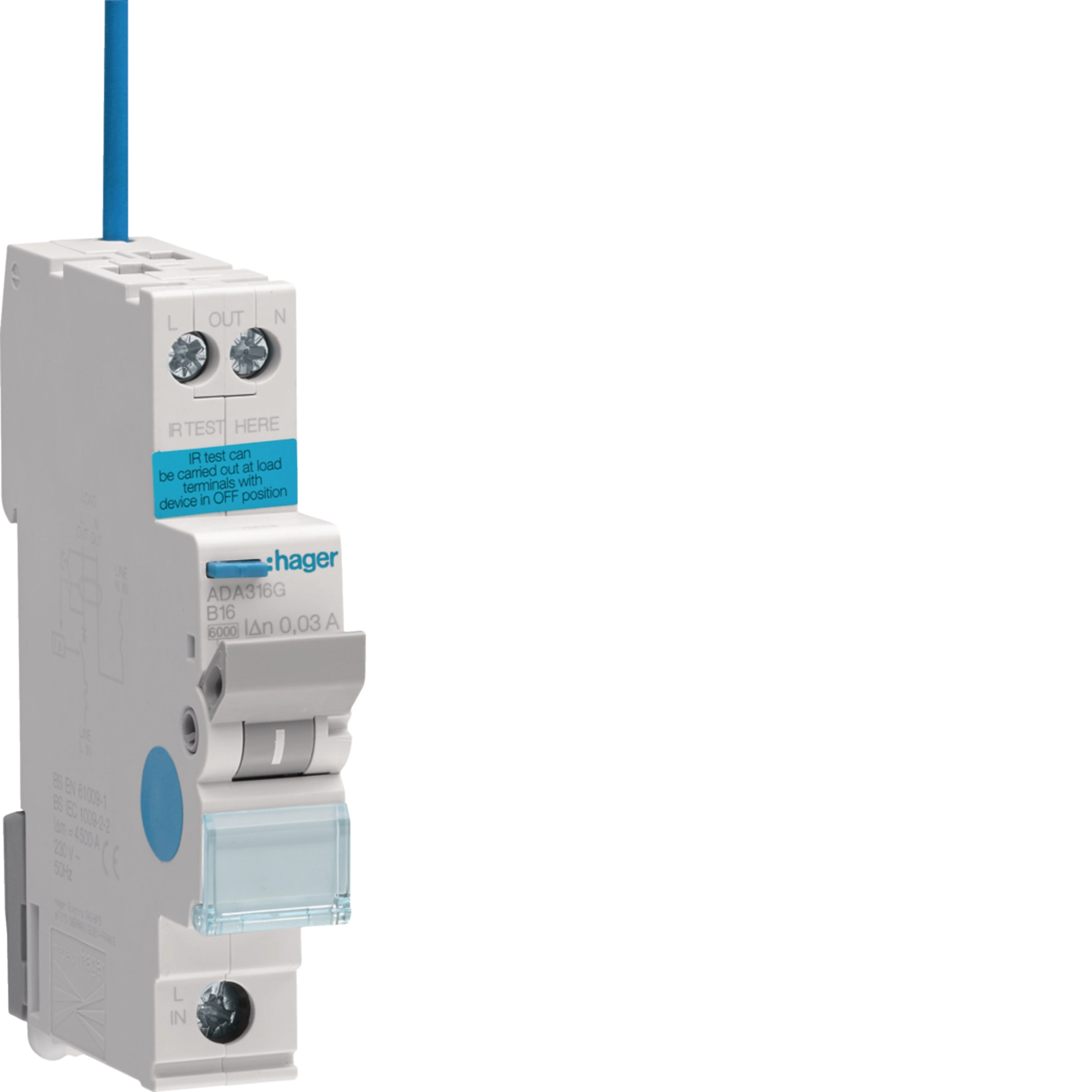 Hager 16 A single-pole RCBO, B curve, 30 mA, 6 kA, 1-module