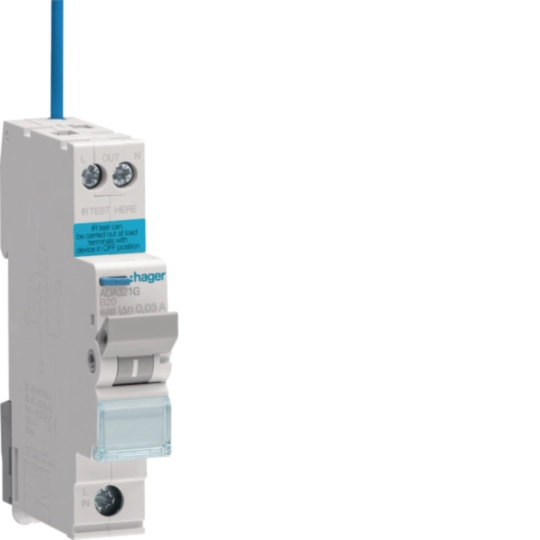 Hager ADA321G 20 A single-pole RCBO, B curve, 30 mA, 6 kA, 1-module
