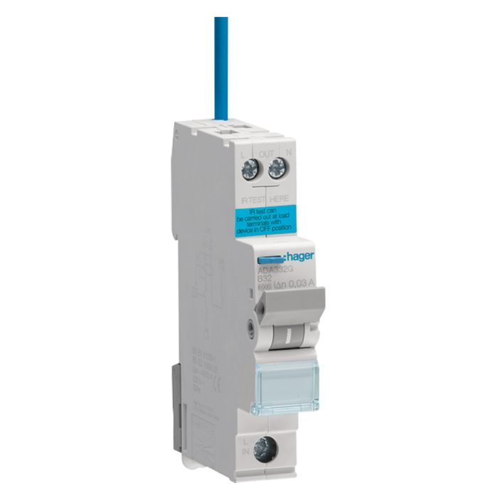 Hager 32 A single-pole RCBO, B curve, 30 mA, 6 kA, 1-module