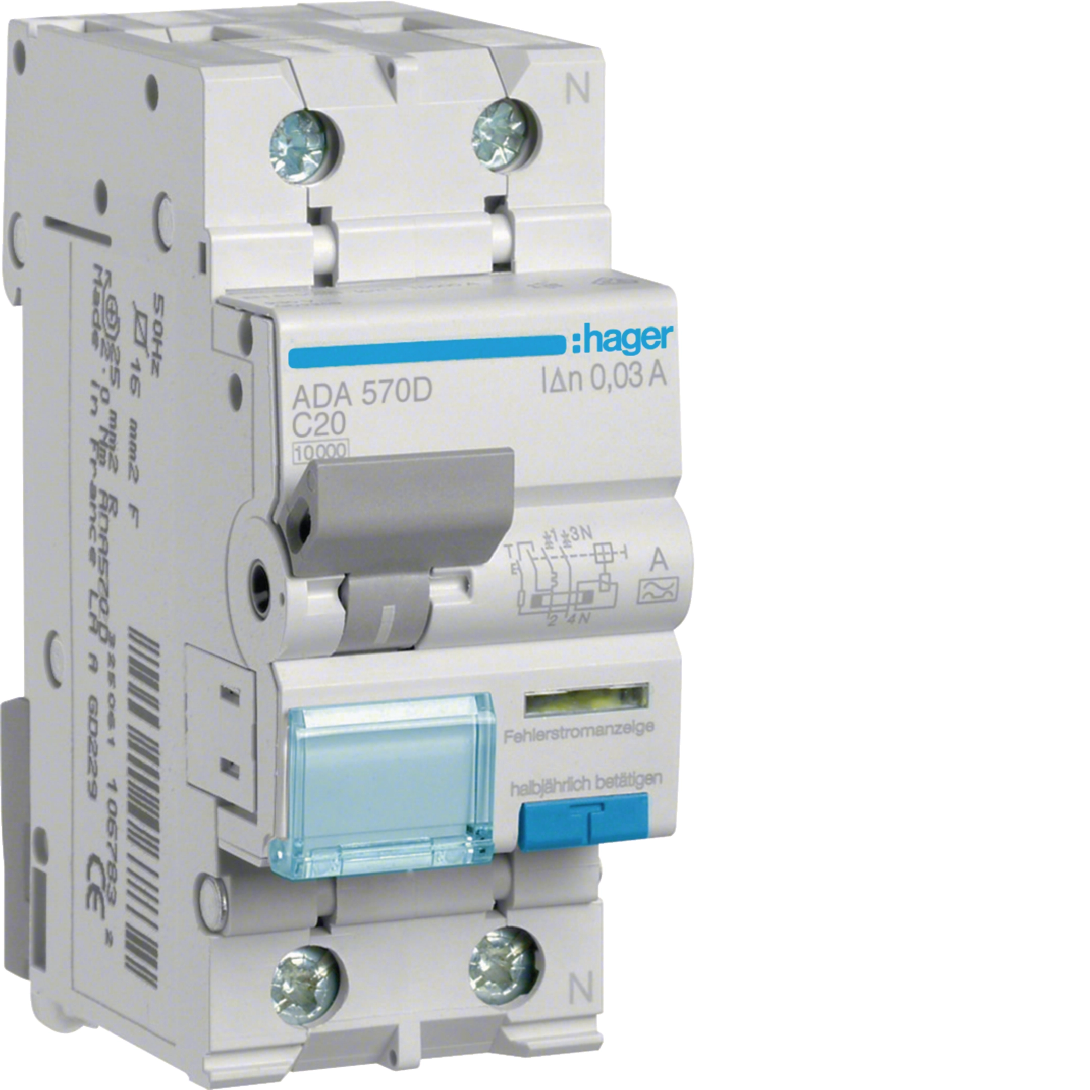 Hager 20 A 1P+N Type A RCBO, C curve, 30 mA, 10 kA, 2-module