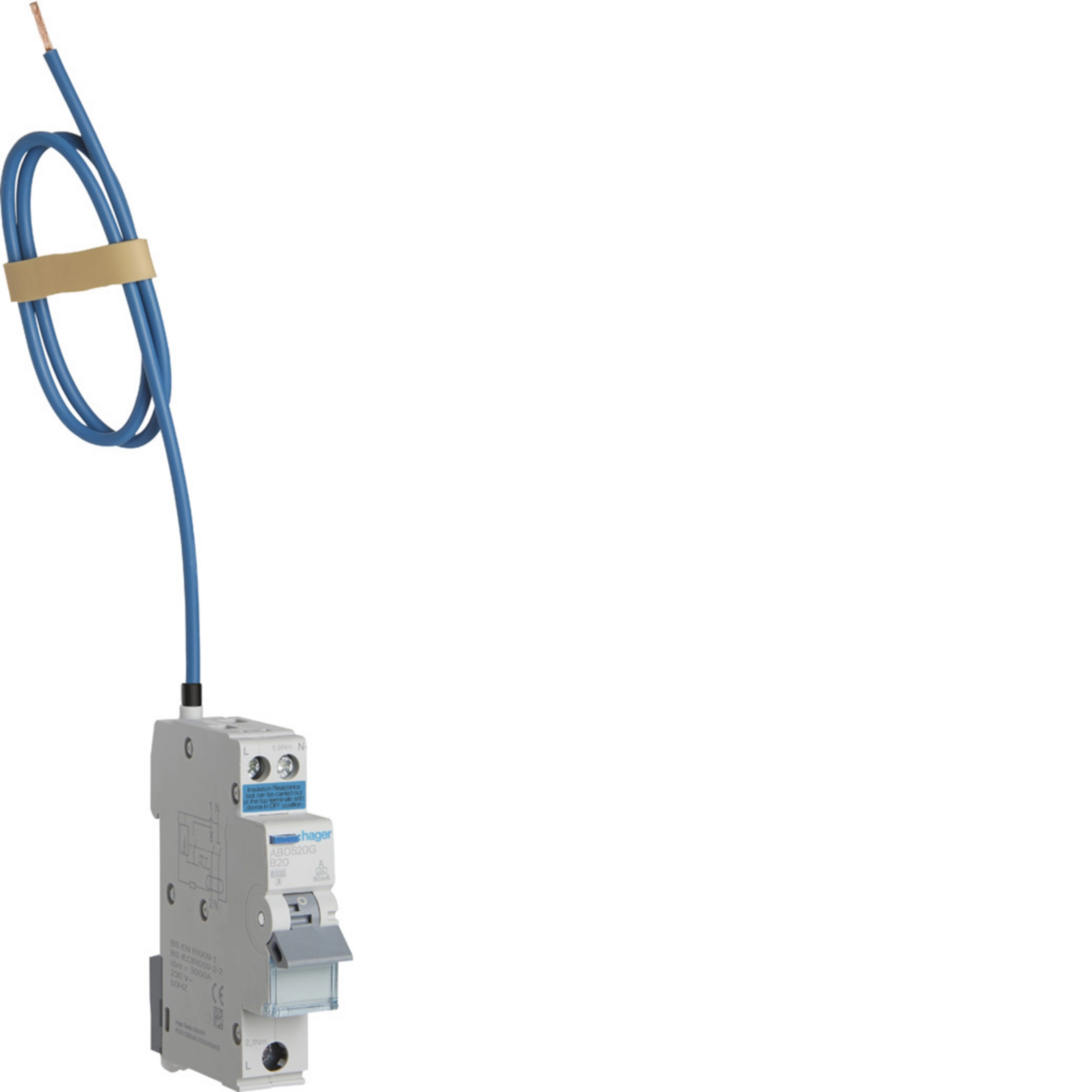Hager 20 A 1P+N RCBO, B curve, 30 mA, 6 kA, 1-module