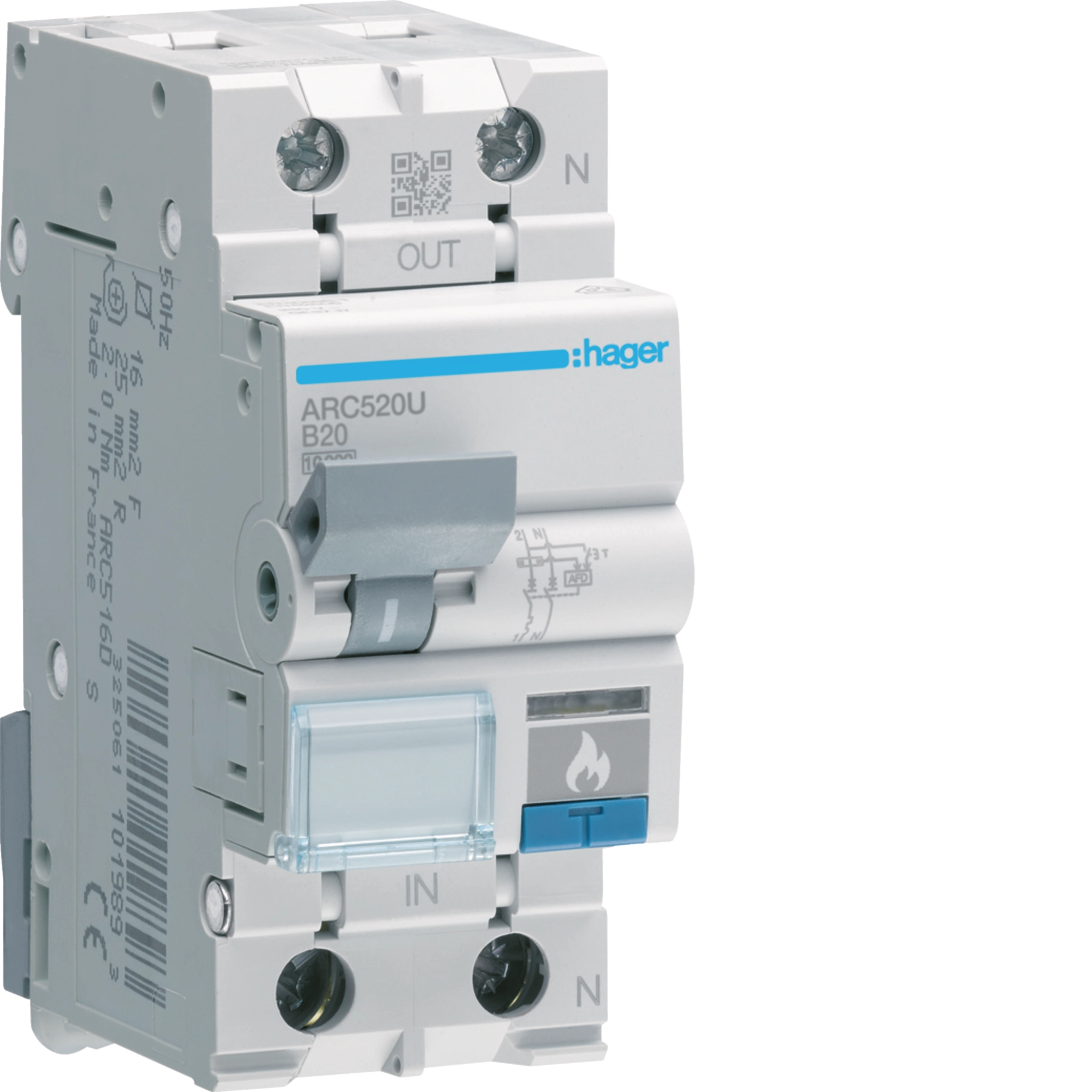 Hager 20 A 1P+N fault detector, B curve, 10 kA, 2-module