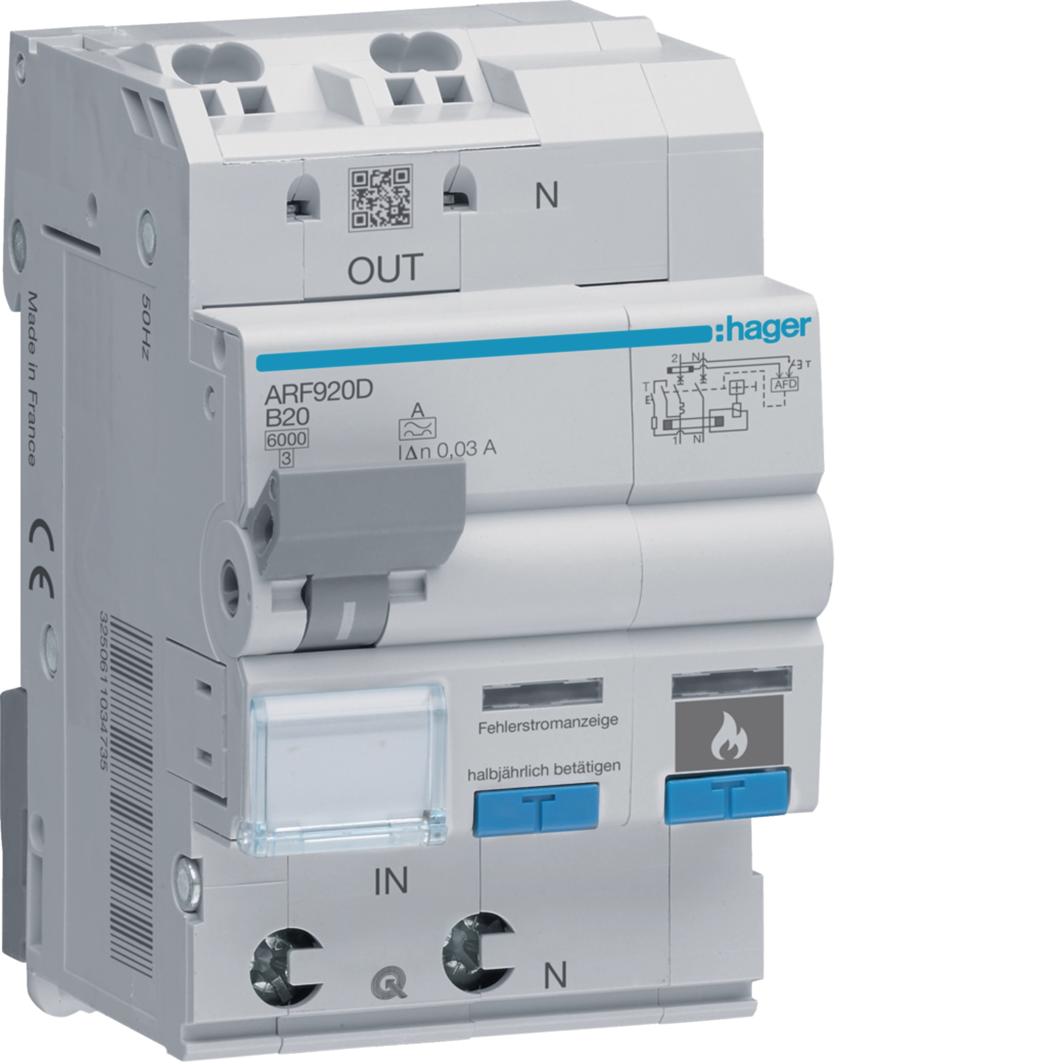 Hager ARC 20 A 1P+N fault detector, B curve, 30 mA, 6 kA, 3-module