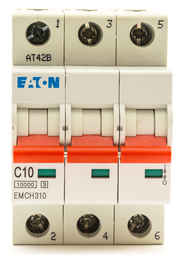 Eaton EMCH310 10 A three-pole C-curve breaker, 6 kA