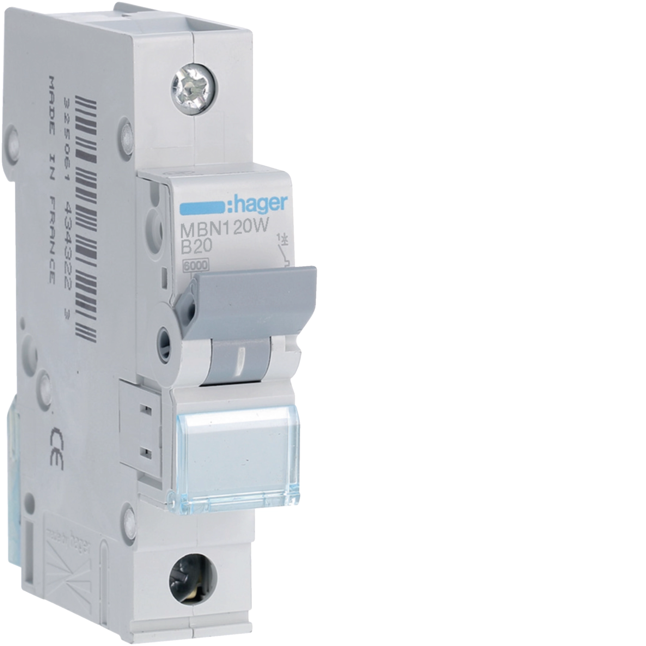 Hager 20 A single-pole B-curve MCB, 6/10 kA, IP20