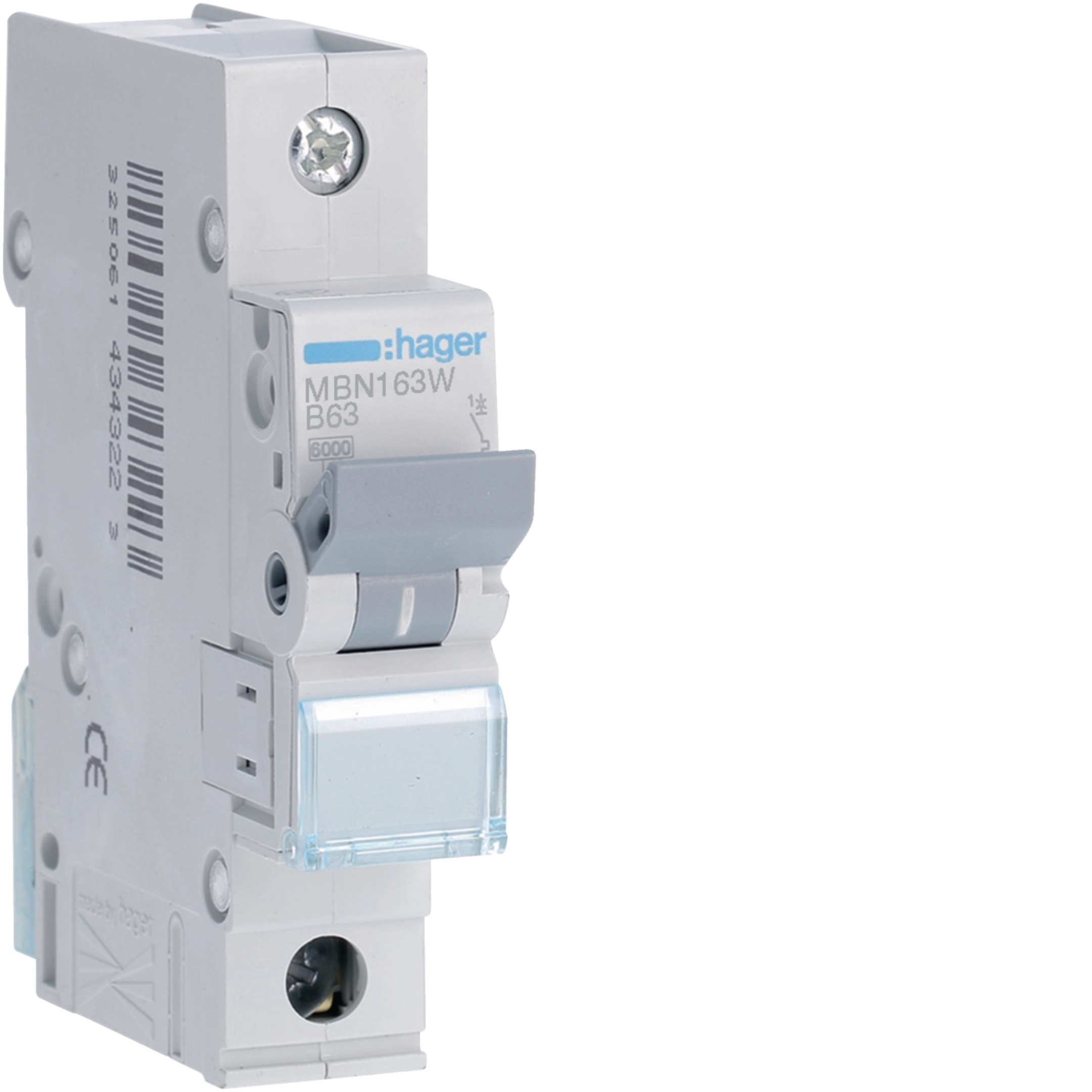 Hager 63 A single-pole B-curve MCB, 6/10 kA, IP20