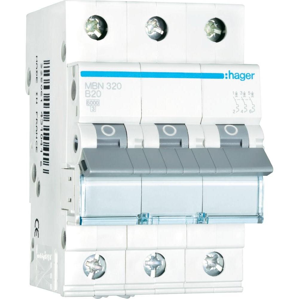 Hager 20 A three-pole B-curve MCB, 6/10 kA