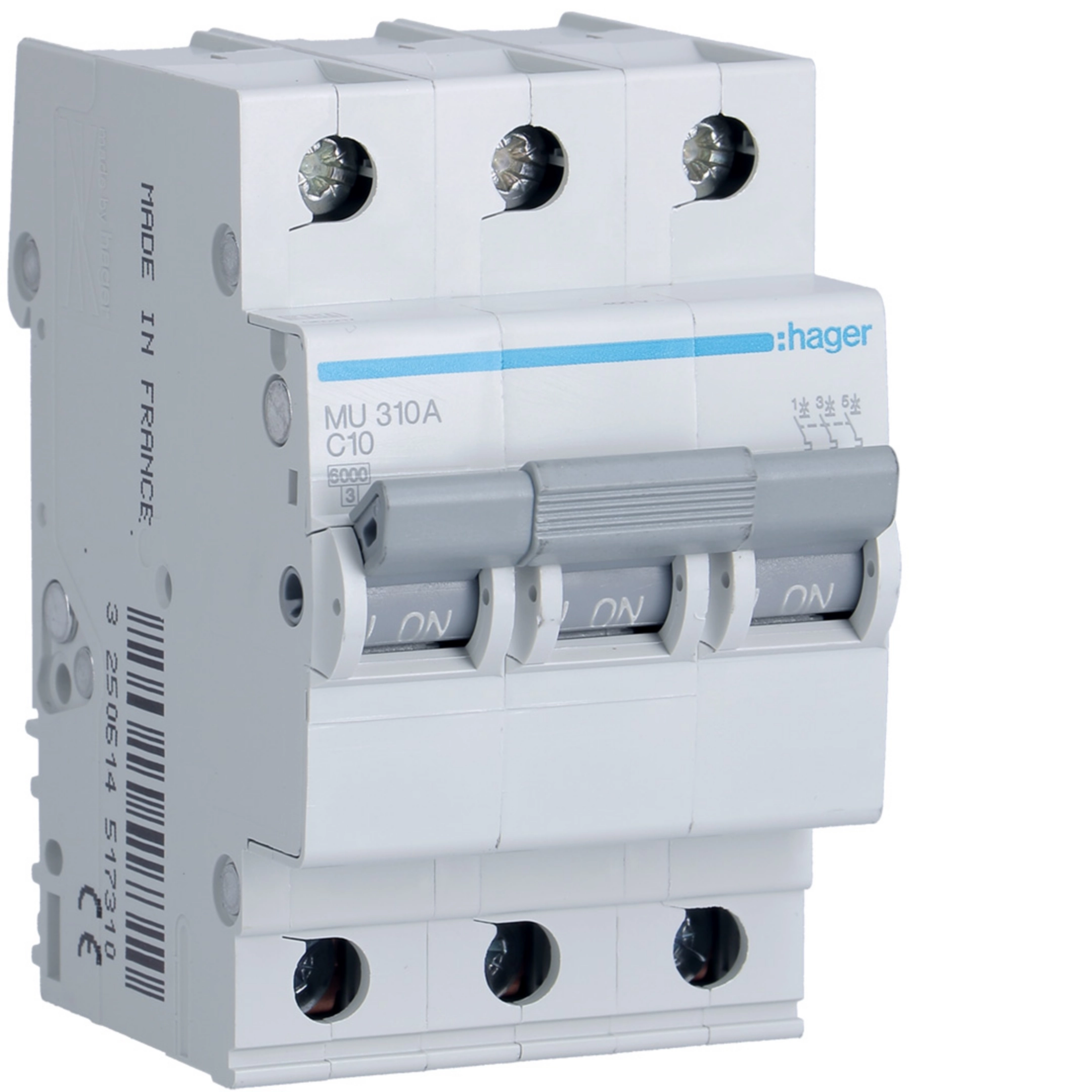 Hager Compact three-pole breaker 10 A C curve 6 kA