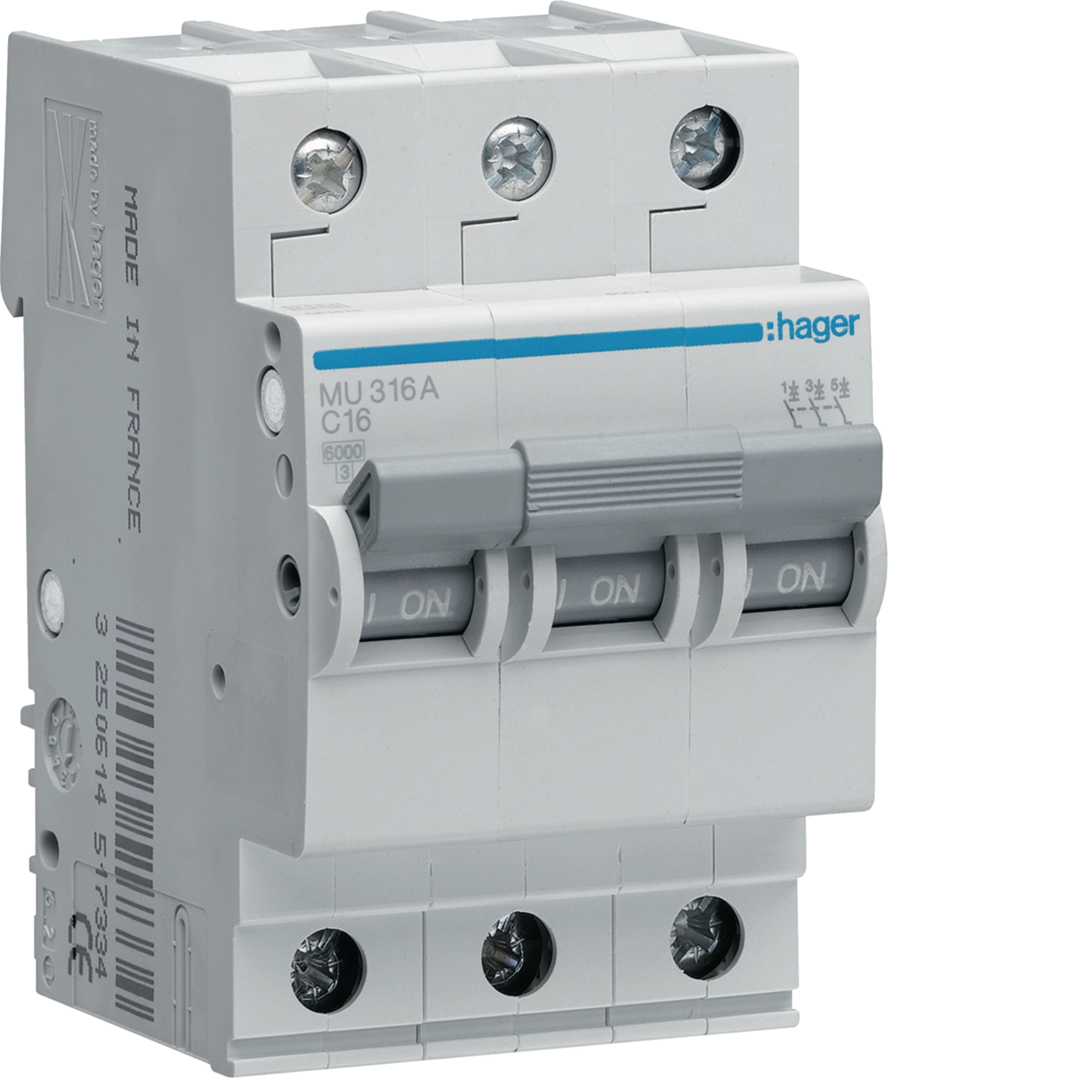 Hager 16 A three-pole C-curve MCB, 6 kA