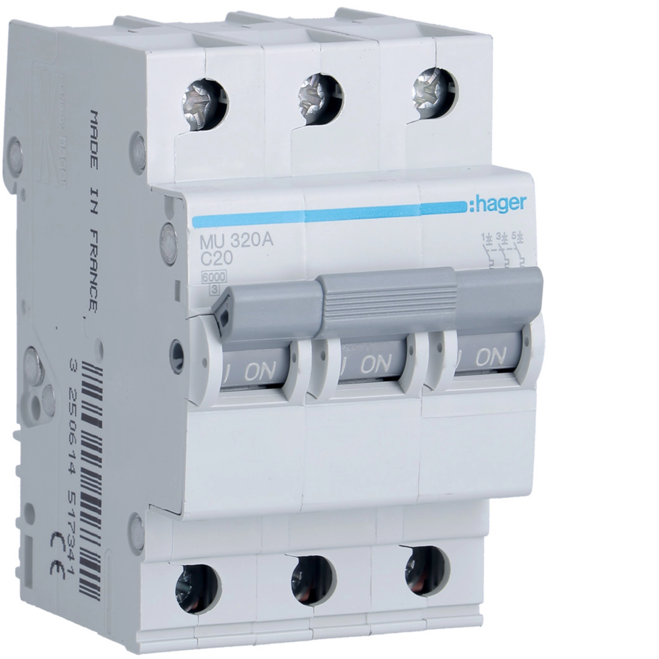 Hager Compact three-pole breaker 20 A C curve 6 kA