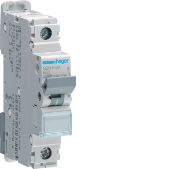 Hager 63 A single-pole B-curve MCB, 10/15 kA, IP20