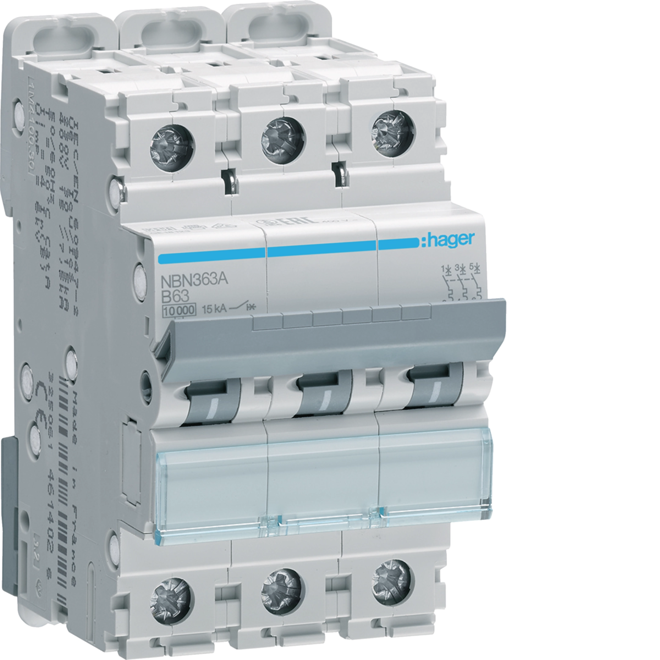 Hager 63 A three-pole B-curve MCB, 15 kA