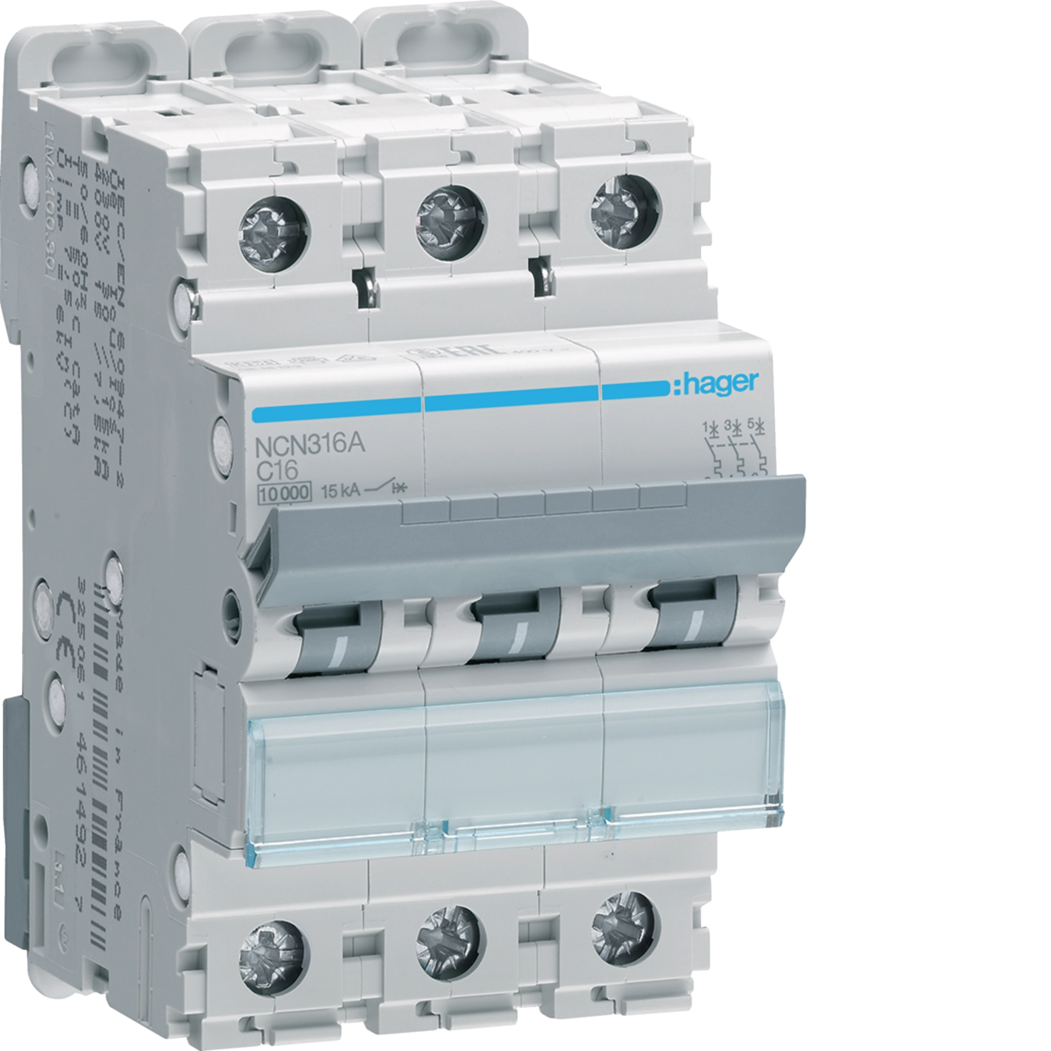 Hager 16 A three-pole C-curve MCB, 10 kA