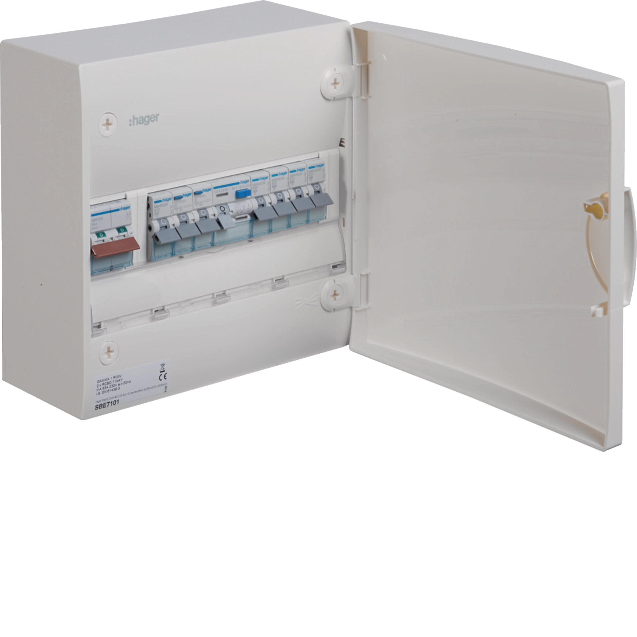 Hager Gamma 1-row 7-way consumer unit, 63 A, IP40