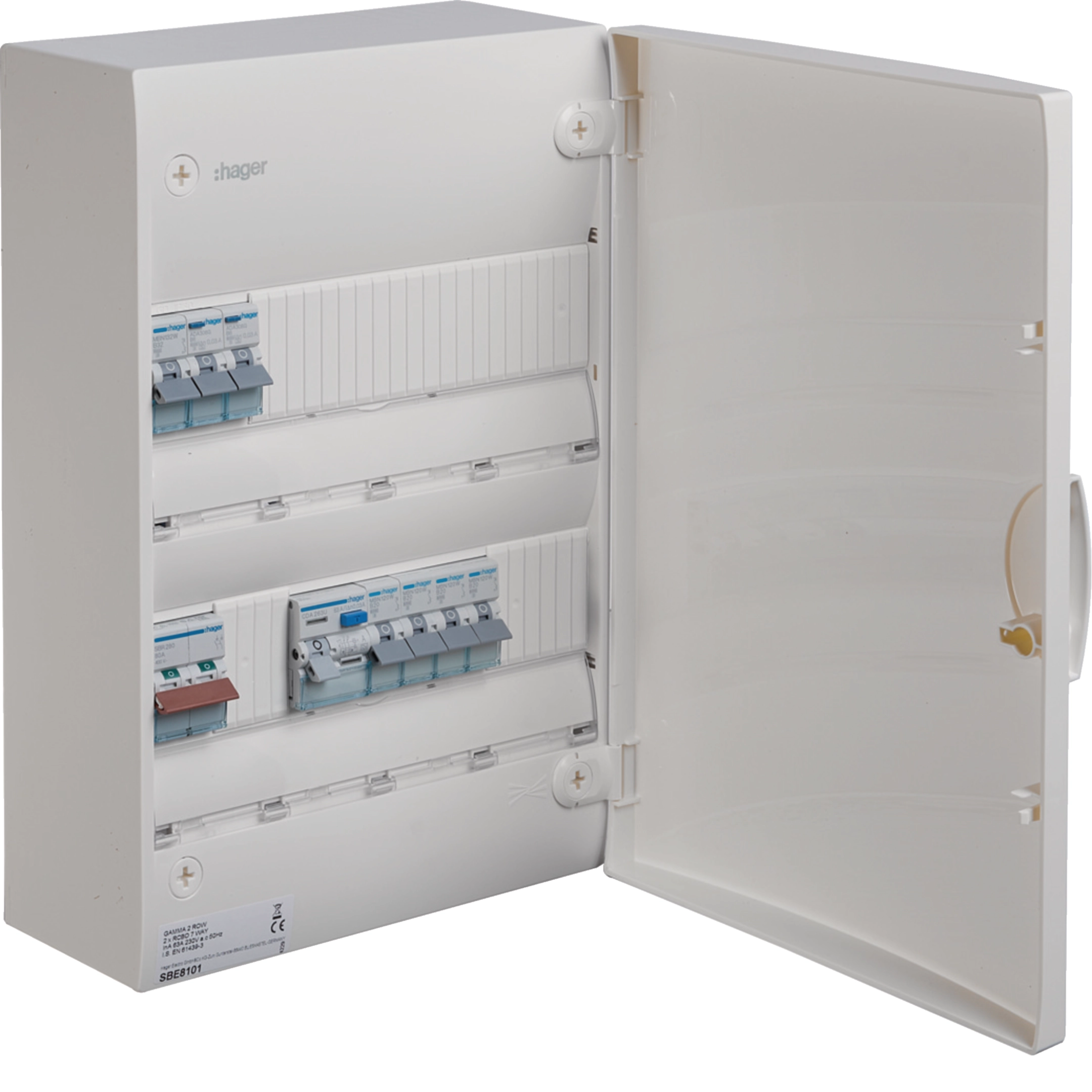 Hager Gamma 2-row 7-way consumer unit, 63 A, IP40