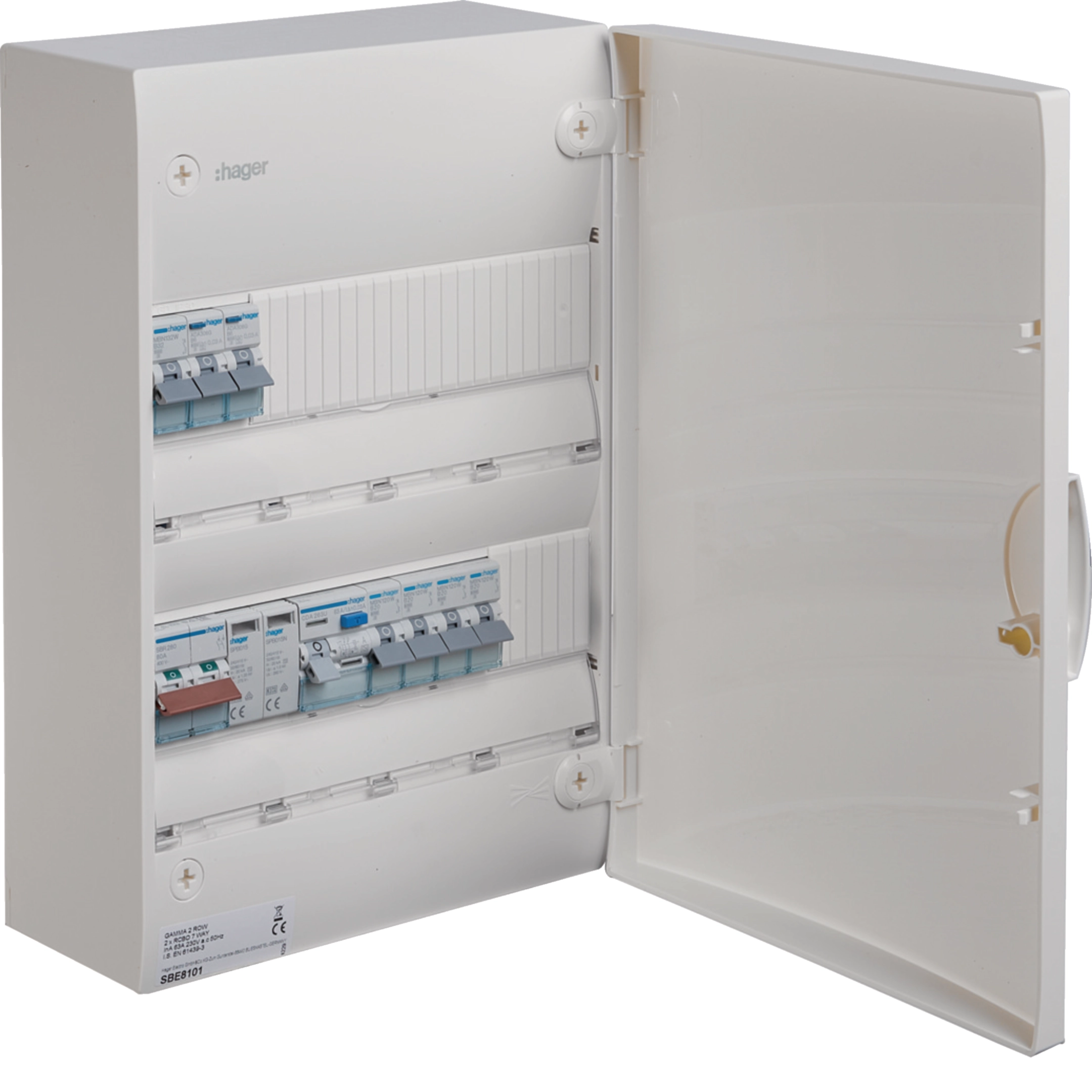 Hager Gamma 2-row consumer unit with SPD, 63 A, IP40