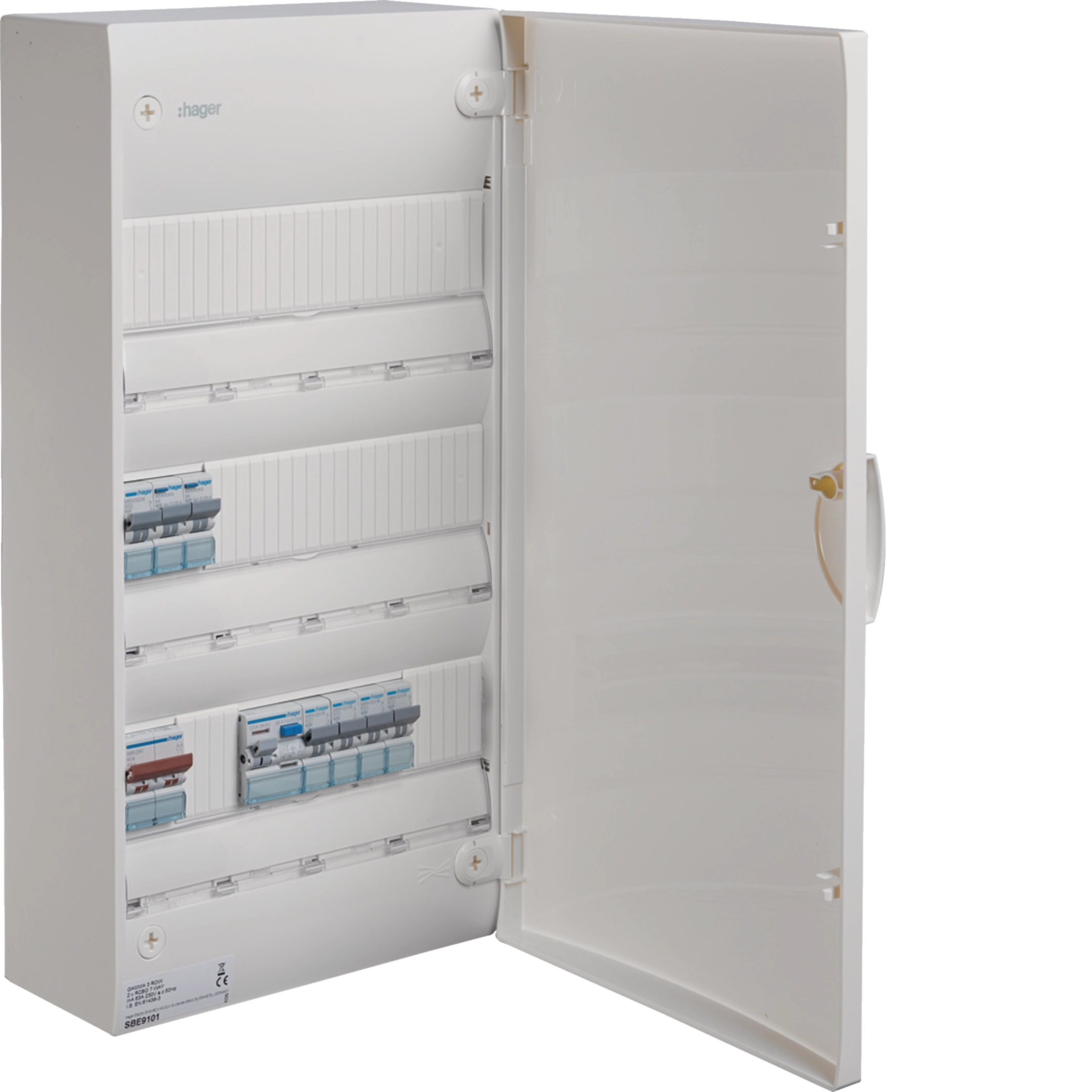 Hager Gamma 3-row 7-way consumer unit, 63 A, IP40