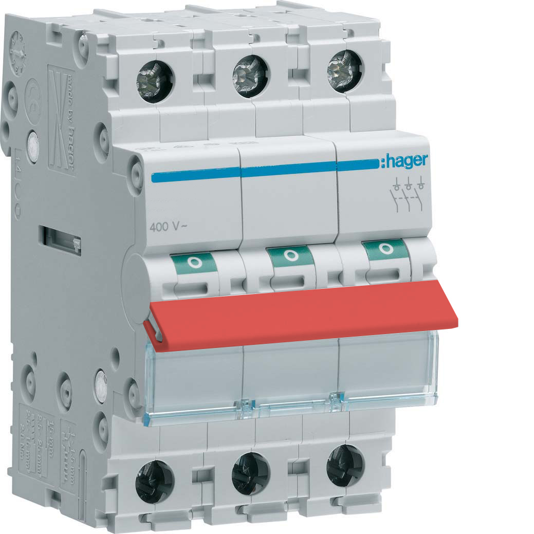 Hager 80 A 3-pole isolator with red toggle