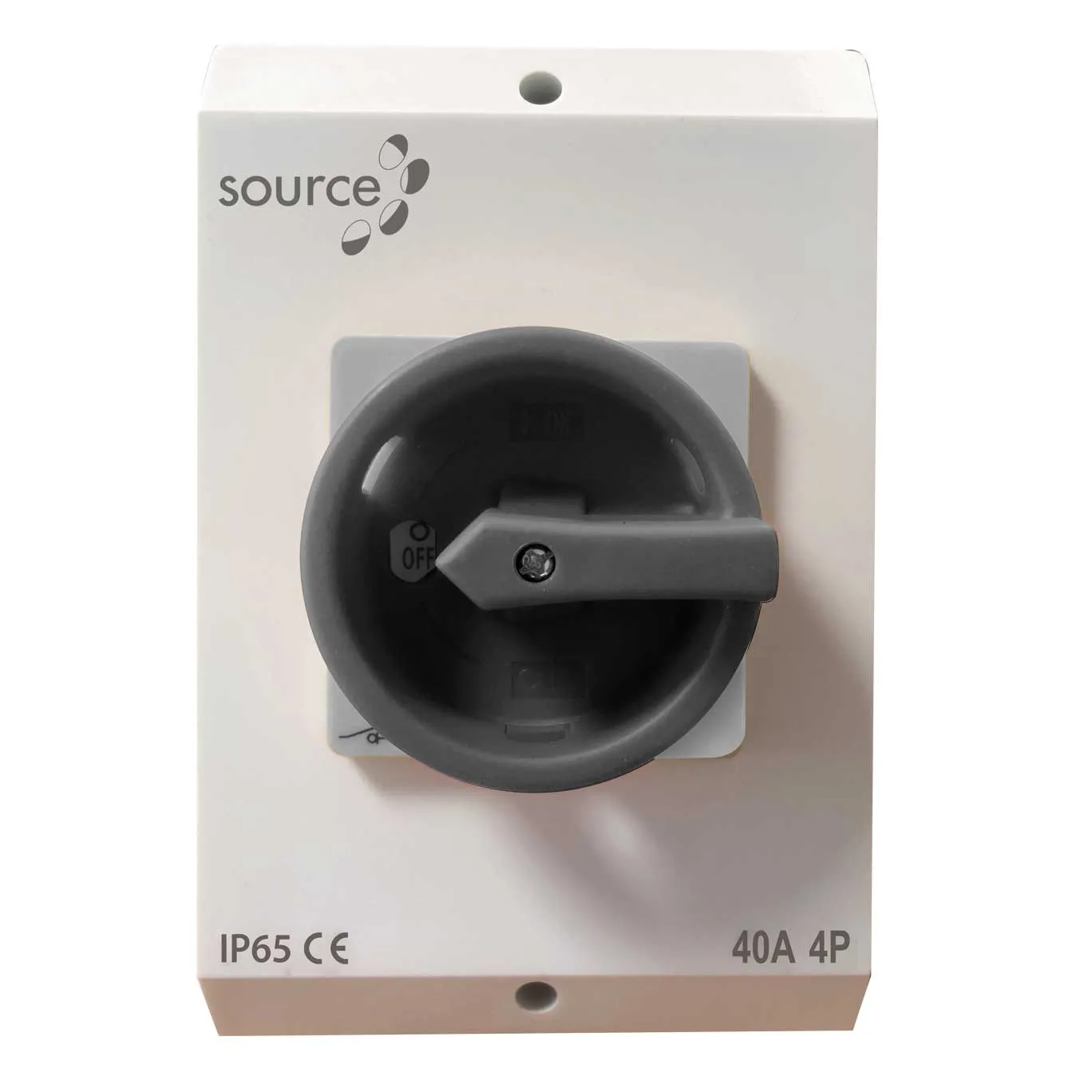 Source 40 A four-pole AC isolator, large enclosure, black switch