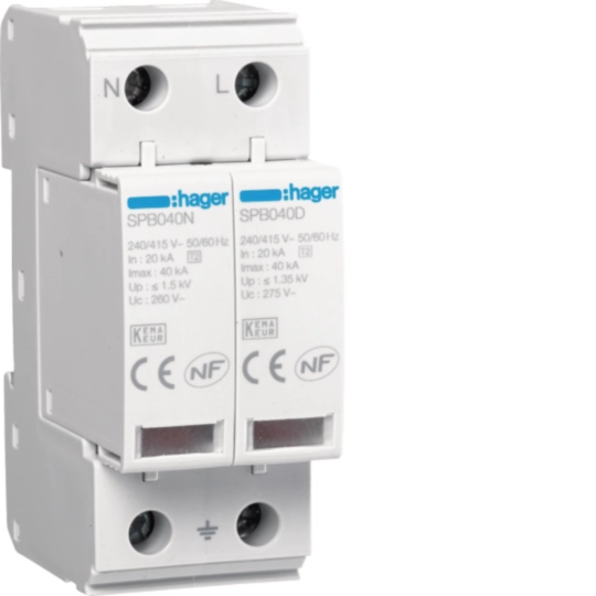 Hager Type 2 SPD, 2-pole, 40 kA